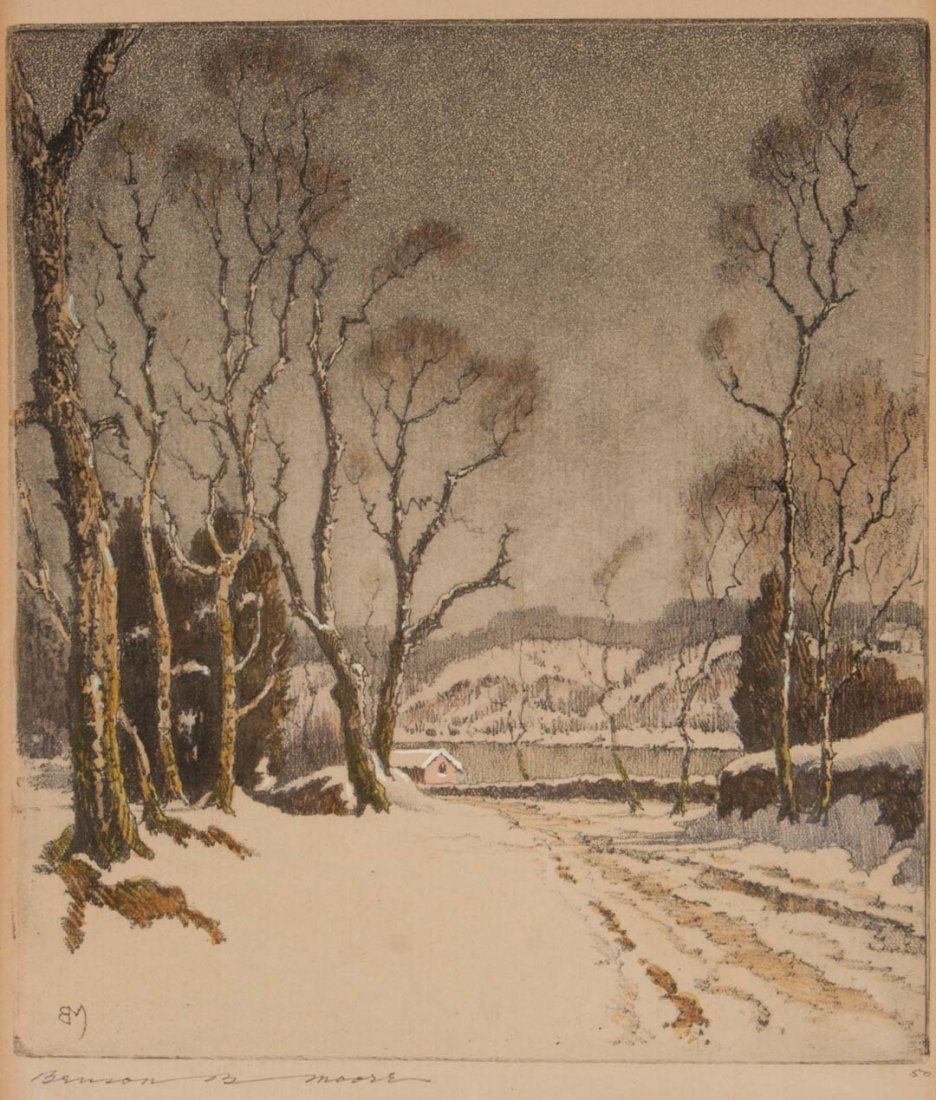 Benson Moore "Winter on the Upper Potomac" etching: Benson Bond Moore (American, 1882-1974). signed "Benson B. Moore" lr, 6 3/4 x 5 3/4 in., framed