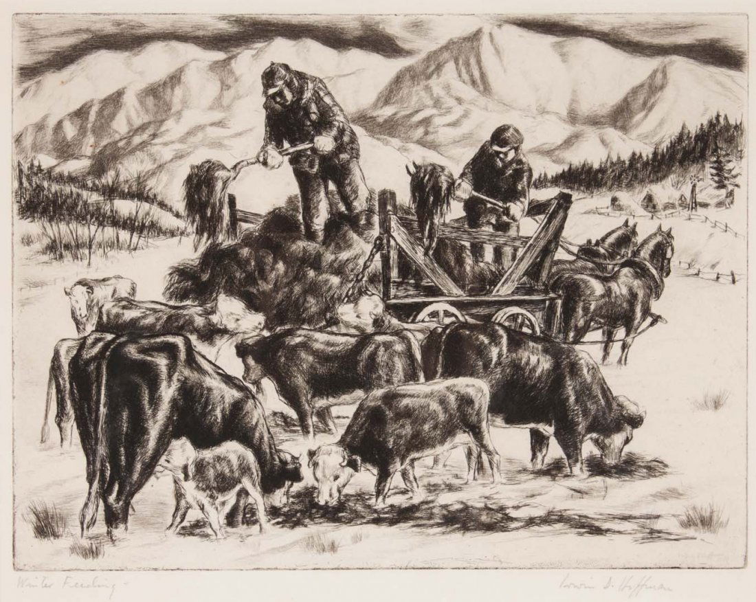 Irwin D. Hoffman. "Winter Feeding," etching: (American, 1901-1989). signed "Irwin D. Hoffman" lr, 9 x 11 3/4 in., framed