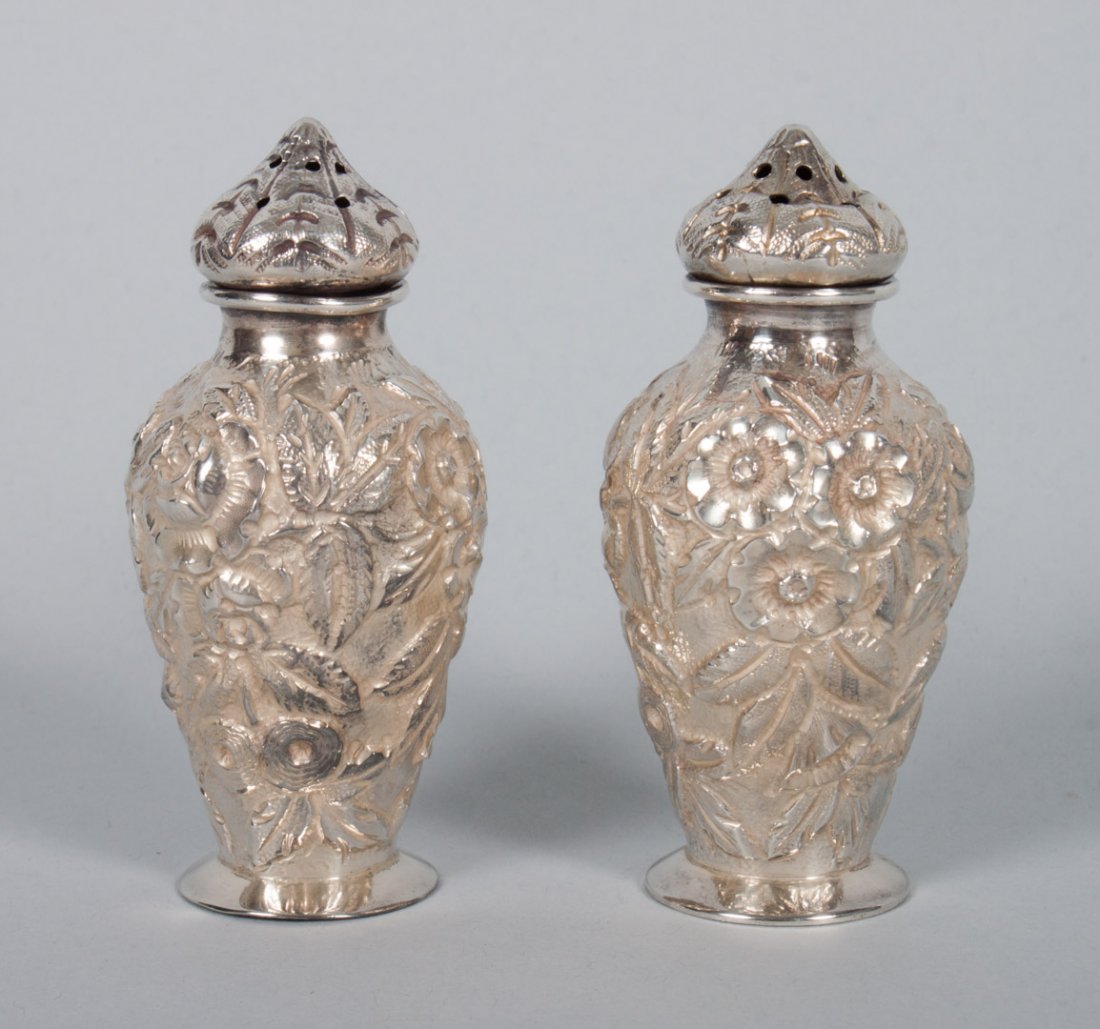 Pair of Kirk "Repousse" sterling salt & pepper: pattern 42, 3 in. H., 2.05 ozt