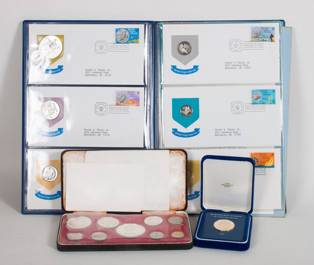 Assorted foreign coins, Franklin Mint: all in original presentation packaging, comprising: Egypt King Tut commemorative 100-pound gold coin, 1986 (Proof) 17.15 g., .900 fine; Bahamas Islands 9-coin Proof Set, 1971; and British Virgin Islan