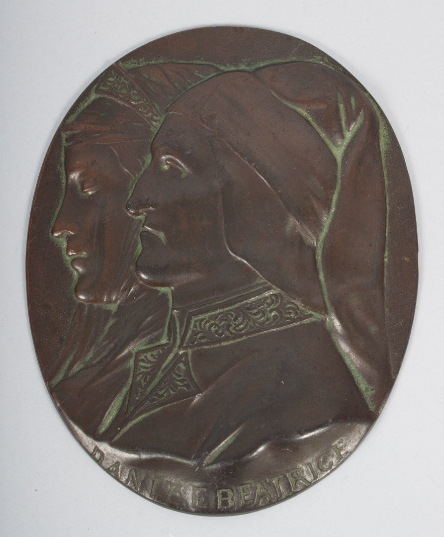 Patinated copper relief plaque of Dante & Beatrice: early 20th century; relief profile portraits of legendary renaissance poet and wife, 5 in. H., 4 in. W.