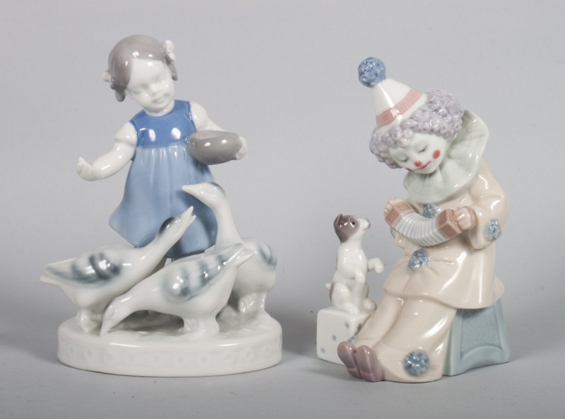 Two Continental porcelain figural groups: Lladro "Pierrot with Concertina" 5279, 6 in. H., and German porcelain figural group of girl feeding geese, 6 in. H.