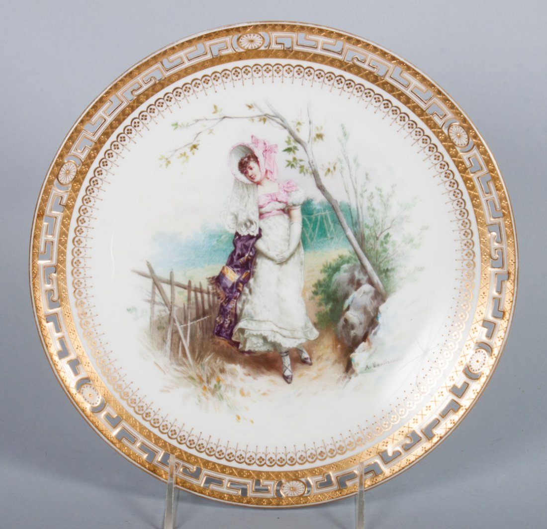 Minton paint decorated china cabinet plate: late 19th century; hand-painted image of young beauty, with reticulated border, 9 in. Diam.