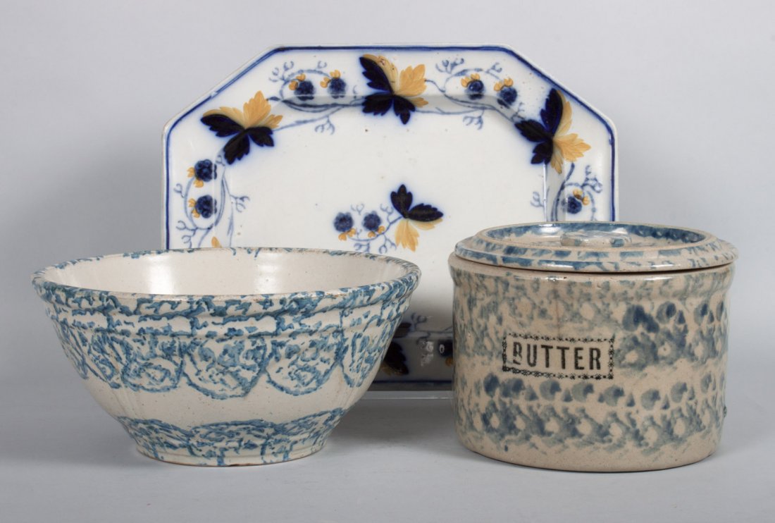 Two spongeware articles & ironstone platter: 19th/early 20th century; blue sponge decorated stoneware butter crock, with word "BUTTER" stamped on front, 6 in. H., 7 in. Diam., and similar mixing bowl, 5 in. H., 10 in. Diam., and an English grape