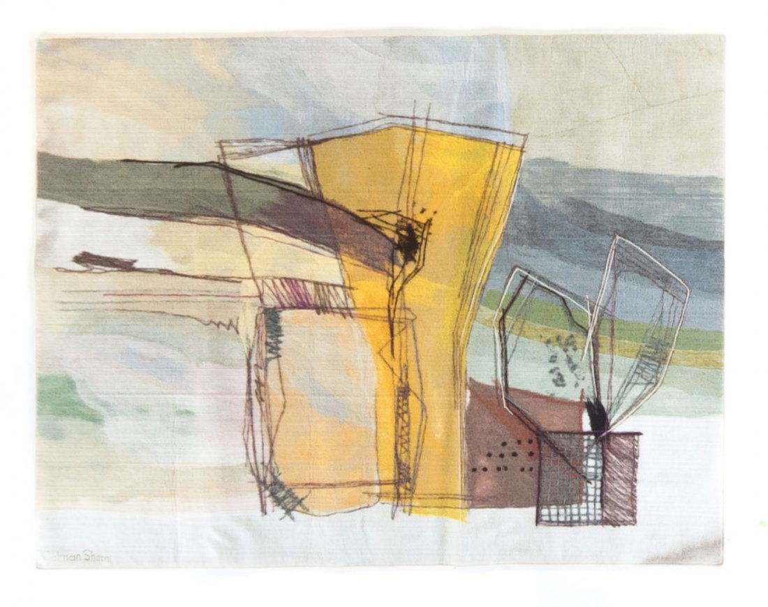 Calman Shemi tapestry: (Argentine, b. 1939). "Winter Drawing," #9, painted cloth and needlework on linen backing, branded "Calman Shemi" ll corner, titled and signed in marker on verso, approx. 53 in. H., 69 in. W.