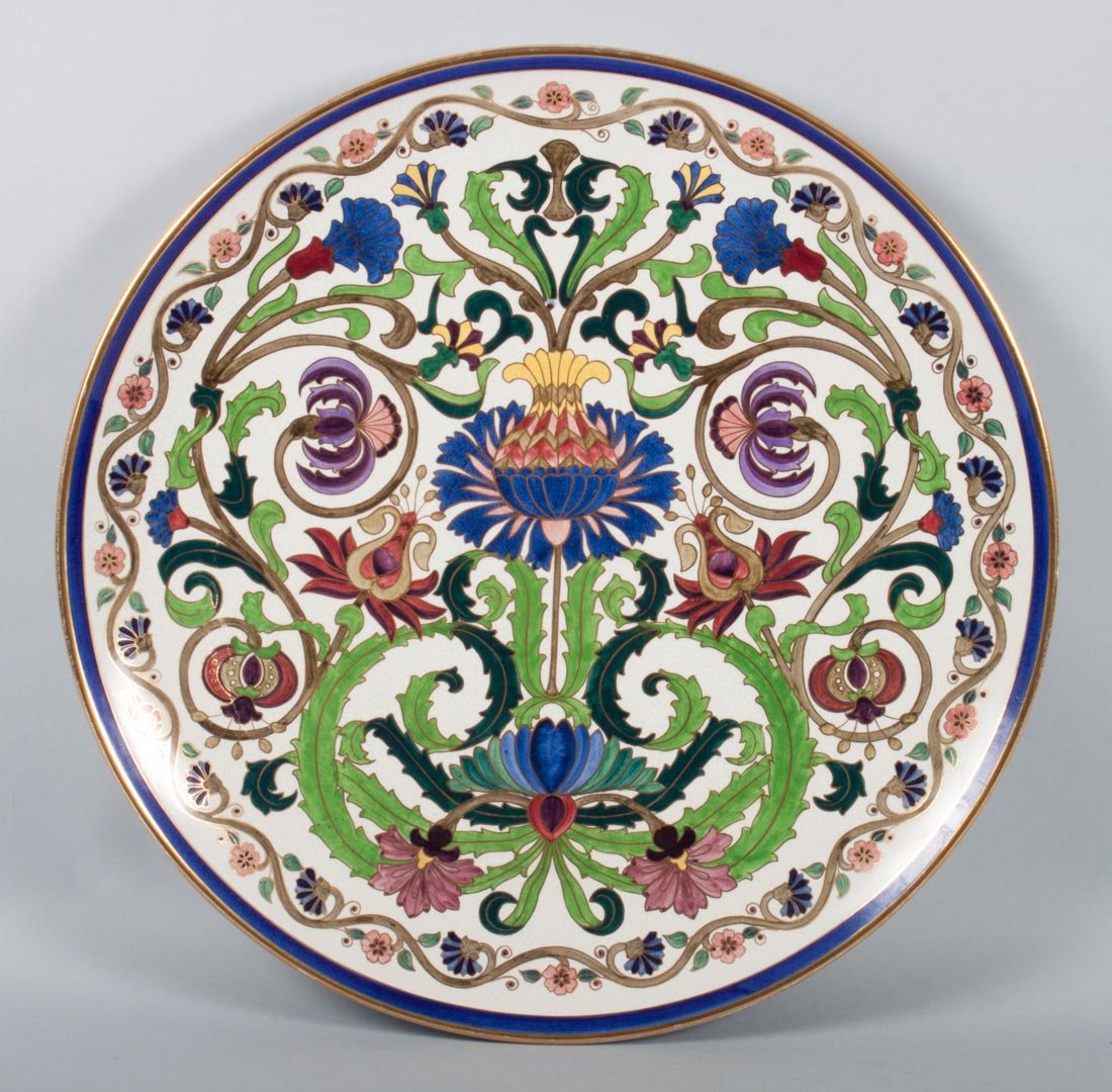 Gustafsberg faience charger: dated 1892; with stylized thistle and floral decoration, impressed mark, 16 1/2 in. Diam.