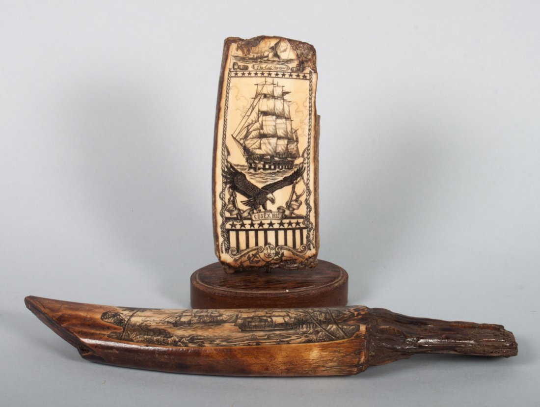 Two Peter Kinney scrimshaws: "The Last Voyage," carved fossilized walrus ivory piece depicting 19th century clipper ship, signed lr, mounted on wood stand, 8 in. H. total, and similar carved section depicting two clipper ships in