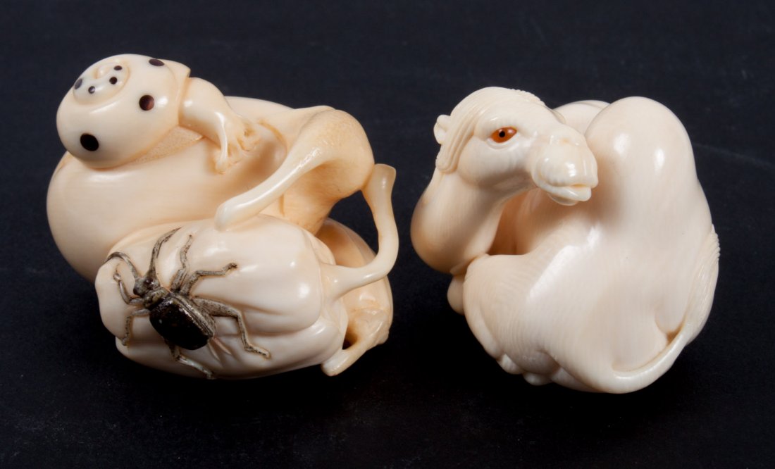 Japanese carved ivory netsuke and figure: camel netsuke, signed in characters, 1 3/4 in. H., and figural group of squash, eggplant, and pepper with snail, beetle, and ladybug, insects with ink highlights, 2 in. L.
