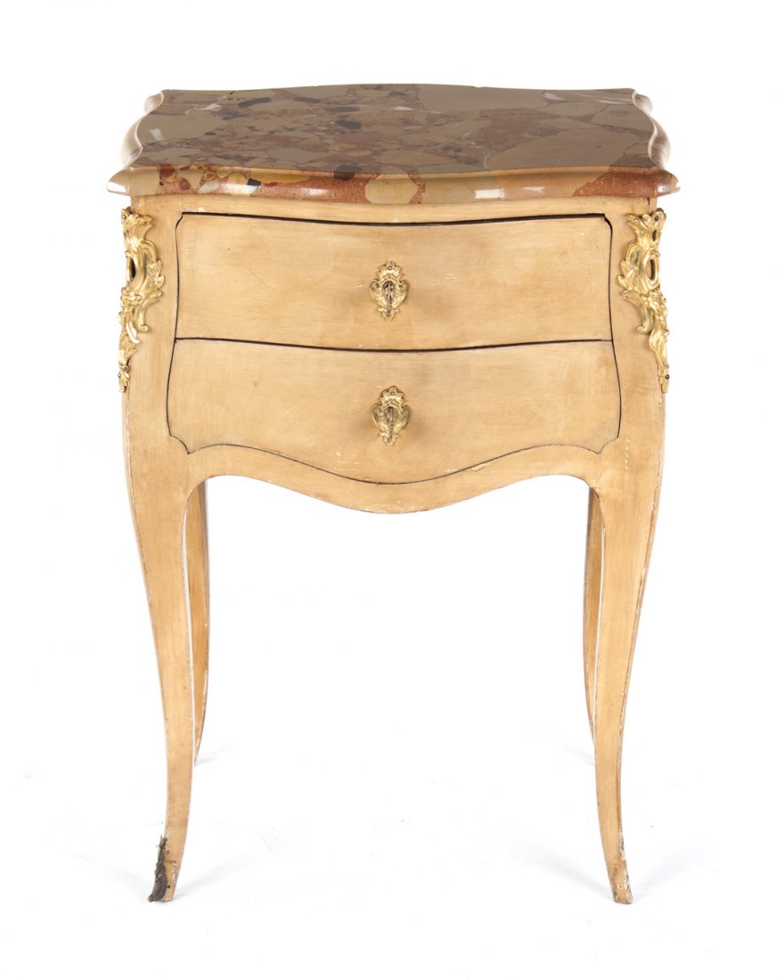 Louis XV style painted wood marble top stand: serpentine tan Breccia marble top, shaped drawers in case, cabriole legs, cast ormolu chutes and escutcheons, 29 1/2 in. H., 20 in. W.,15 1/2 in. D.