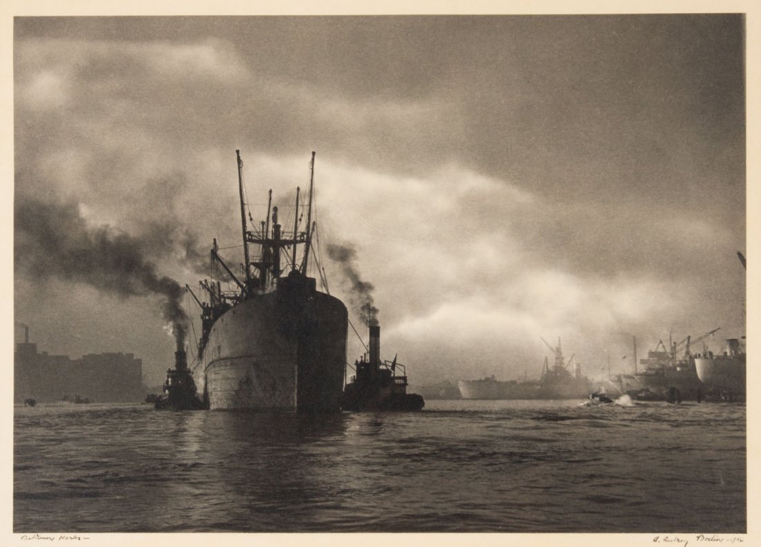 A. Aubrey Bodine "Baltimore Harbor" photograph: (American, 1906-1970). Gelatin silver print, signed and dated "A. Aubrey Bodine, 1946" lr, 12 1/2 x 17 3/4 in., framed
