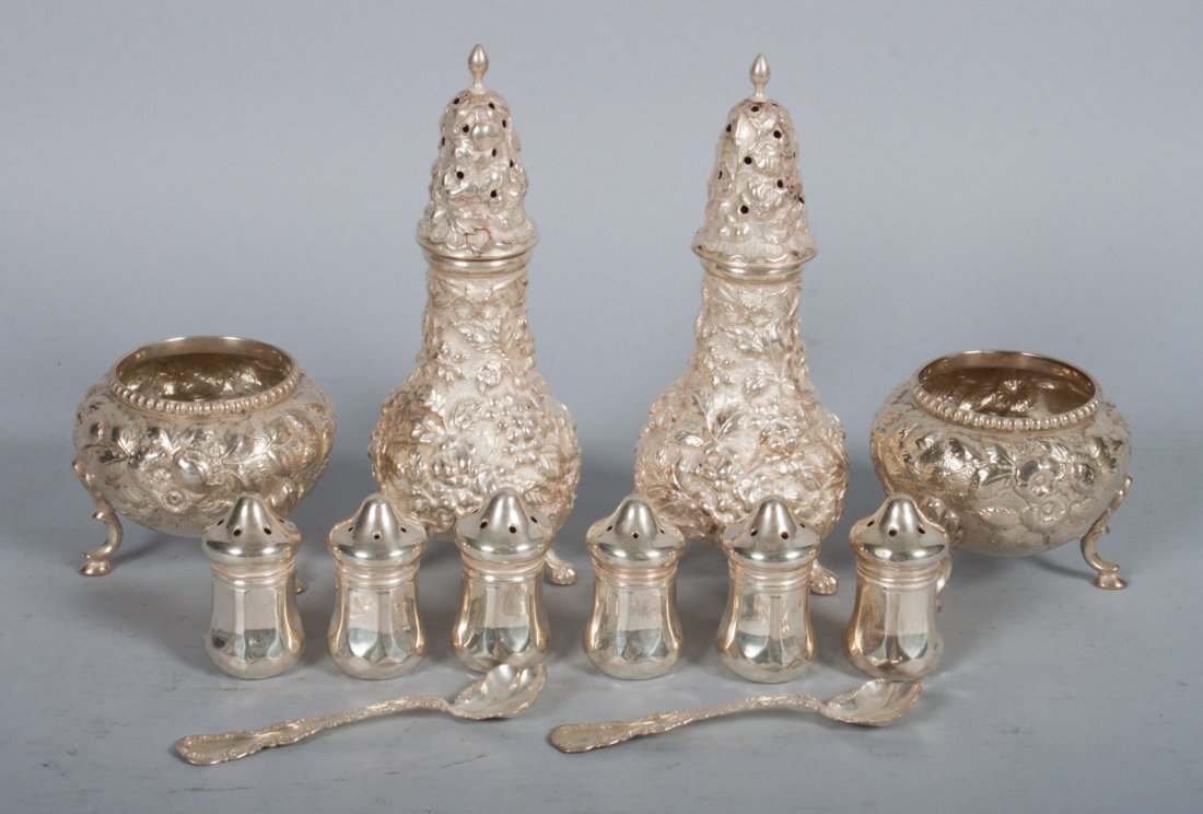 Pair of Stieff "Rose" sterling salt & peppers: together with a pair of Kirk sterling open salts, two Whiting sterling salt spoons, and six V. Lollo sterling individual salt & pepper shakers, 13.62 ozt. t.w.