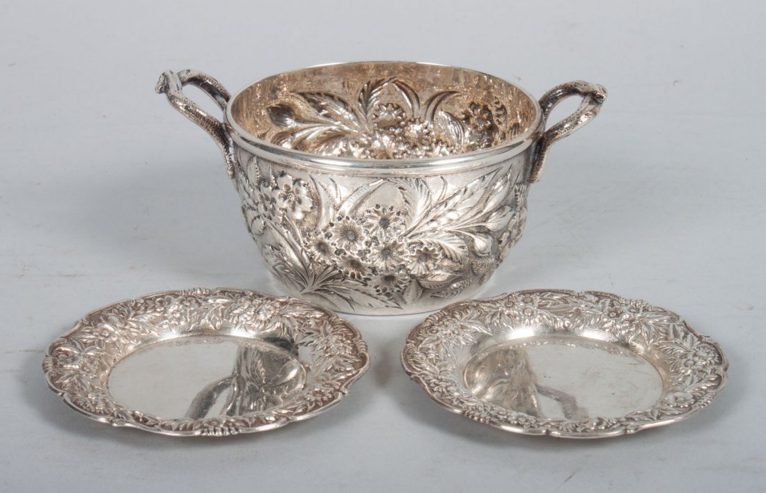 Kirk repousse sterling sugar bowl & 2 nut dishes: open sugar bowl, pattern 50, monogrammed; and two individual nut dishes, pattern 17F; 6.90 ozt.