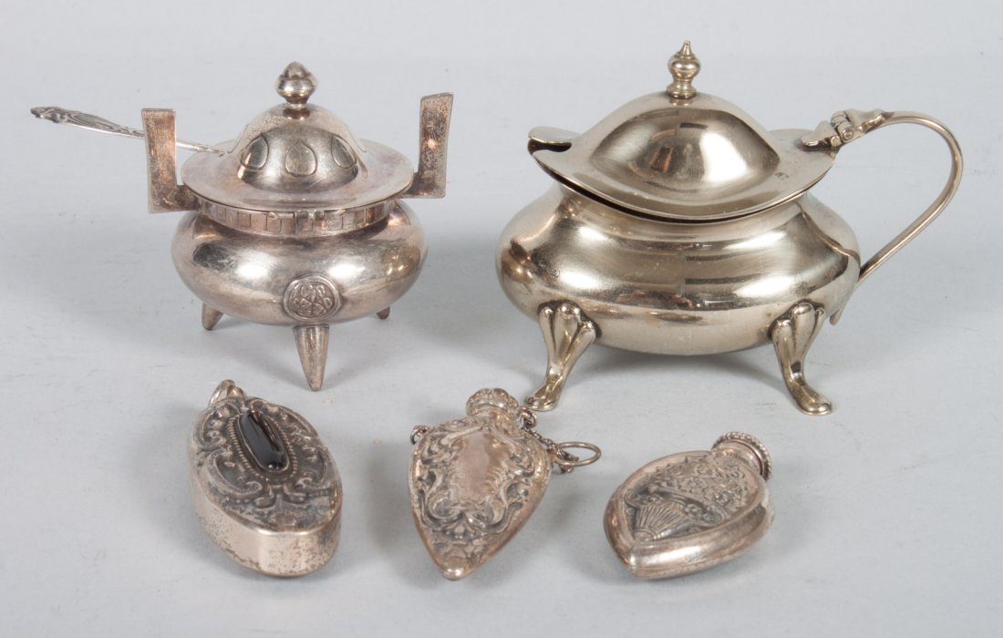 Three miniature sterling scent bottles: together with a sterling salt cellar & spoon, and a silver-plated mustard pot, 2.45 ozt.