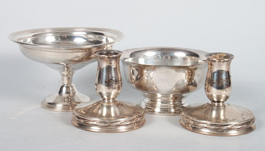 Kirk sterling silver bowl: 5 in. Diam., together with a pair of Towle weighted sterling low candlesticks and a weighted sterling compote; 5.45 ozt. of weighable silver