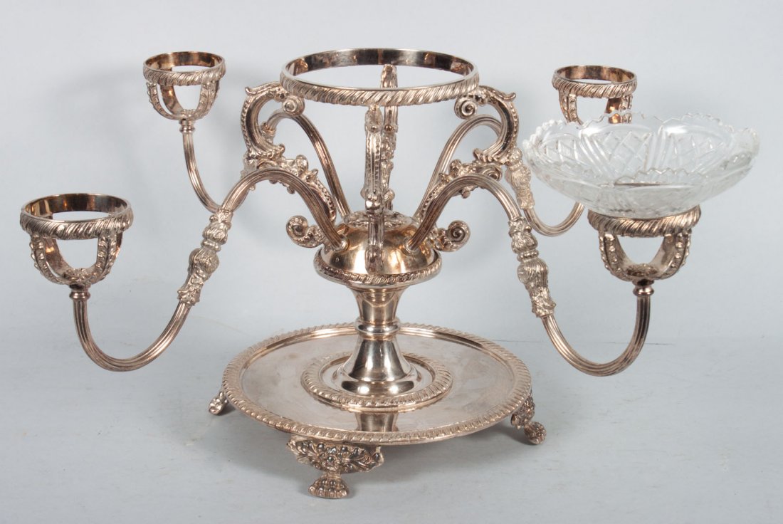 Silver-plated epergne: with one cut glass bowl, 10 in. H.