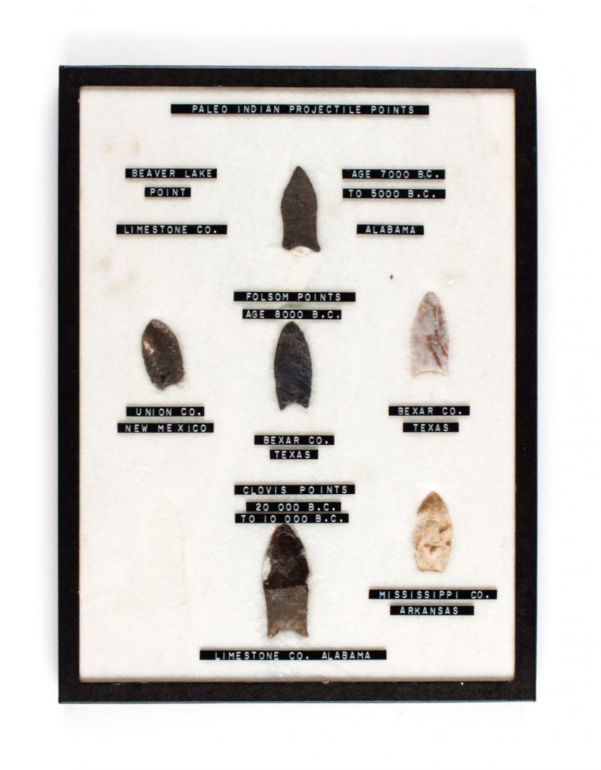 Six Native American Clovis or Folsom stone points: carefully worked in a variety of stones, comprising (according to collector's label): Beaver Lake point, Limestone Co., AL, grey chert, 2 1/8 in. L.; grey and maroon flint point from Union Co. NM, 1 7