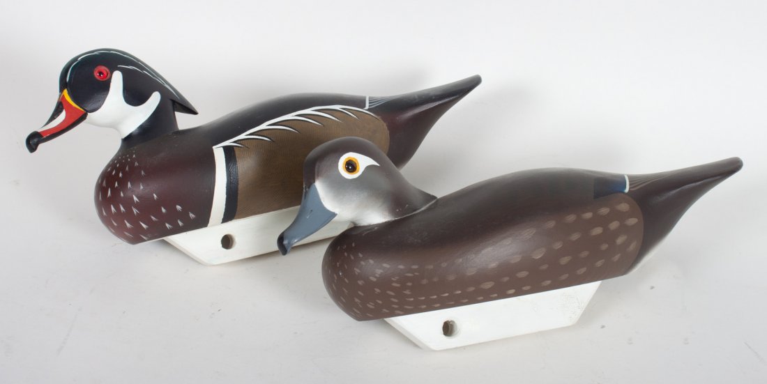 Carved and painted wood woodduck and hen: by Charles Bryan, each duck signed in marker underneath "Charles Bryan Middle River Md., Havre de Grace Museum 1"