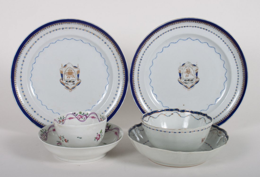Six Chinese Export porcelain table articles: circa 1790-1815; including: Famille Rose tea bowl and saucer, two dessert plates, tea bowl and saucer with blue and white drape and shield decoration, plate - 7 1/2 in. Diam.