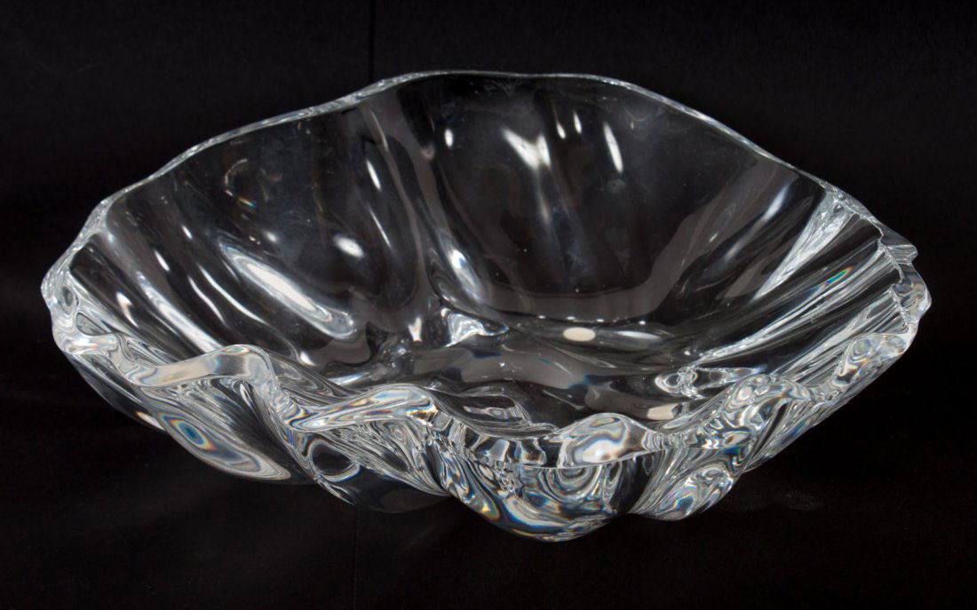 Baccarat crystal shell-form serving dish: acid etch mark, 9 in. L., 9 in. W.