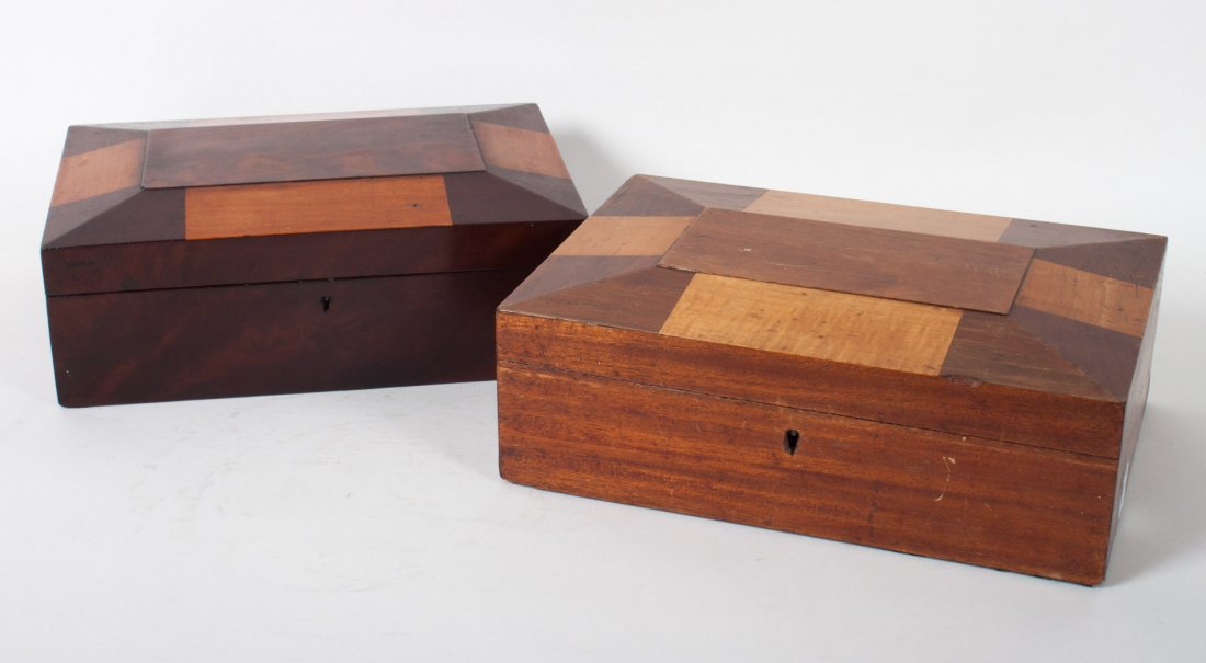 Two Victorian mixed wood sewing boxes: second half-19th century; each with checkerboard mixed wood veneers, including: maple, rosewood, and birch, one box with removable tray, 3 1/2 in. H., 11 in. W., 8 in. D.