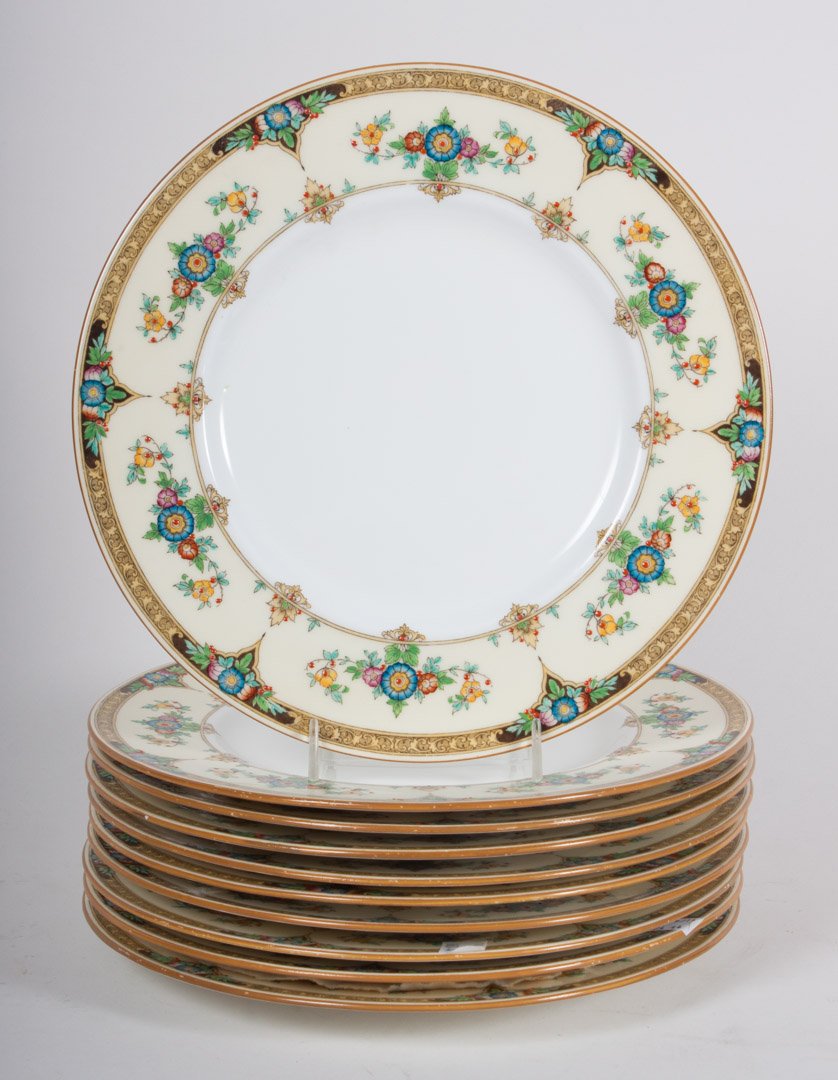 10 Minton china dinner plates: first quarter-20th century; having floral border with dippled enamel, 10 in. Diam.