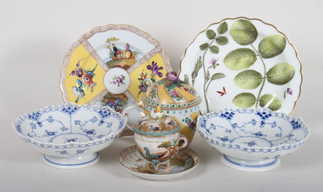 Six Continental porcelain articles: including: pair of Royal Copenhagen footed compotes, Dresden covered cup, Capodimonte syllabub with saucer, Dresden dessert plate, and a Royal Worcester reproduction plate in the "Blind Earl" pattern
