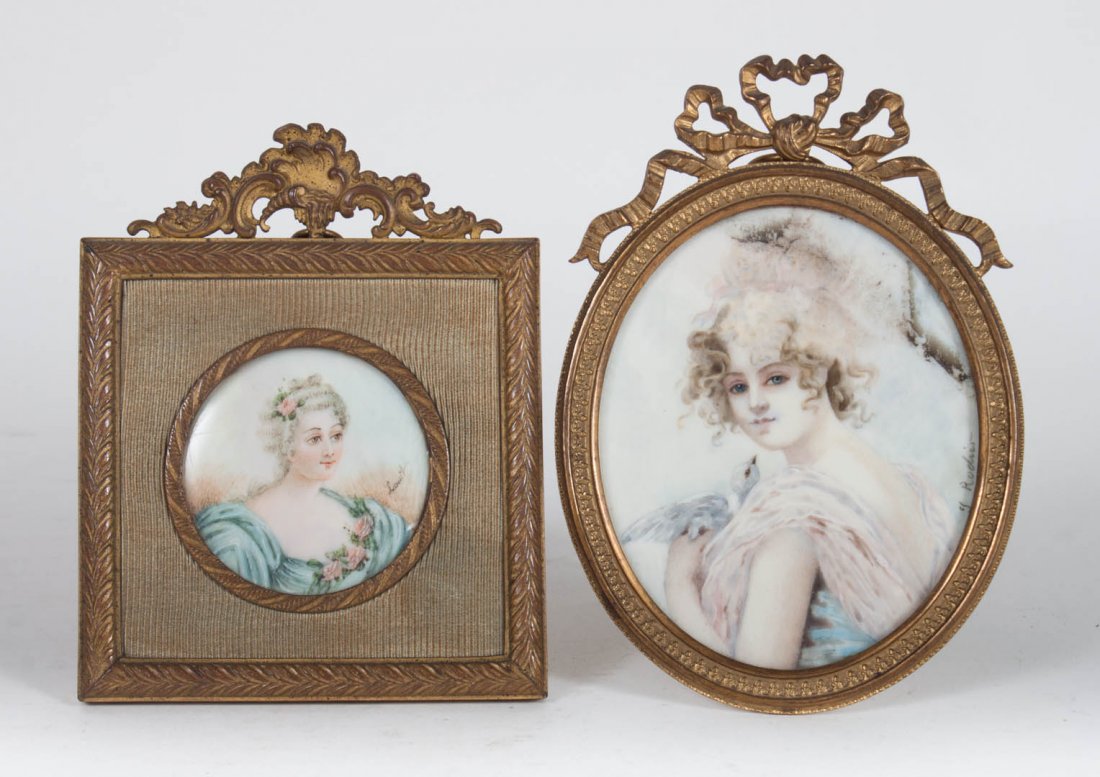 Two Continental School portrait miniatures: late 19th century; two portrait miniatures of beauties, gouache on ivory, one oval and one round format, each signed mr, set in gilt-metal easel-back frames, frames - 4 1/4 H., 3 in. W. and 4 in. H., 