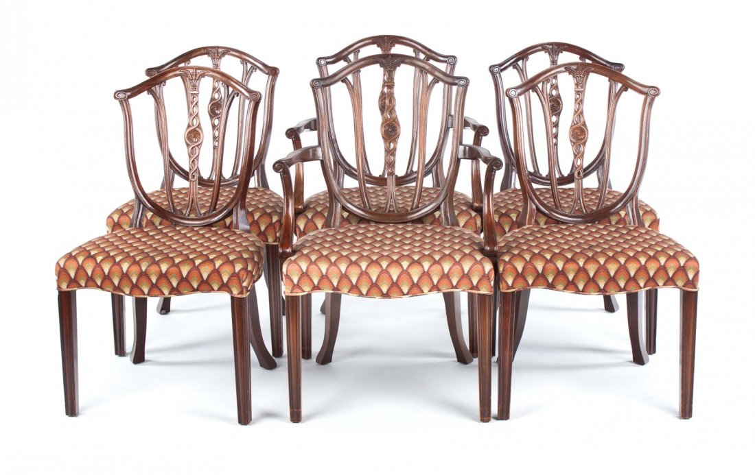 Six Georgian style mahogany dining chairs: possibly Kittinger, two arms and four sides, over frame upholstery, 36 in. H., 21 in. W.
