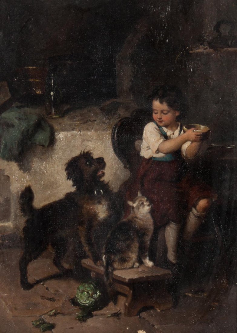 Cont. School, 19th c. "Sharing His Meal," oil: Continental School (possibly French or German). Oil on canvas, attributed to Felix on label on verso, titled on label on verso, 8 x 6 in., framed