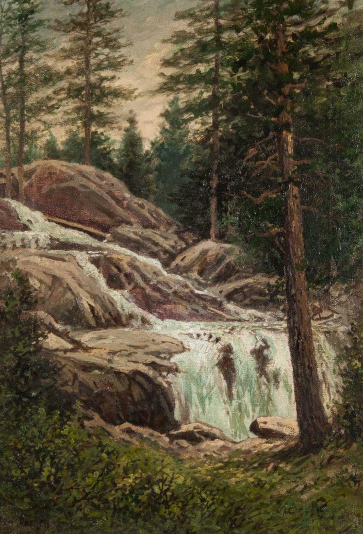 William Paskell. Waterfall in a Forest, oil/canvas: William Frederick Paskell (American,1866-1951). Signed "Wm. Paskell" ll, 20 1/4 x 14 in., framed