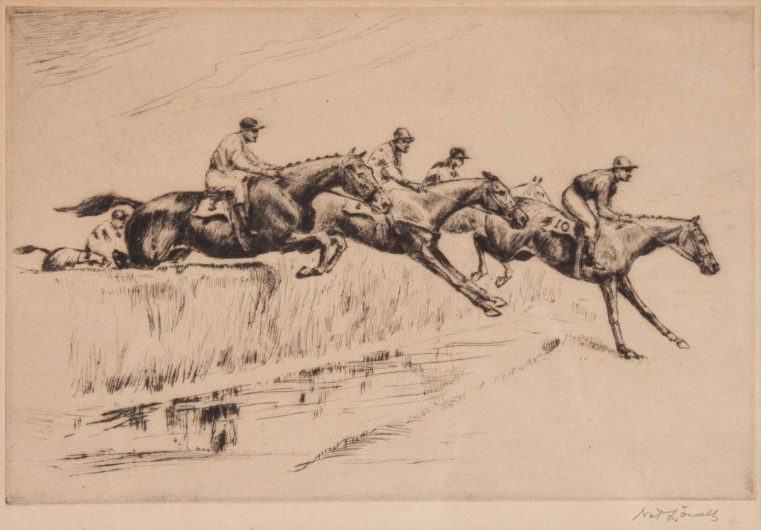 Nat Lowell "Racing", etching: (American, 1880-1956), etching signed "Nat Lowell" in pencil lr, image size: 8 x 12 in., framed.