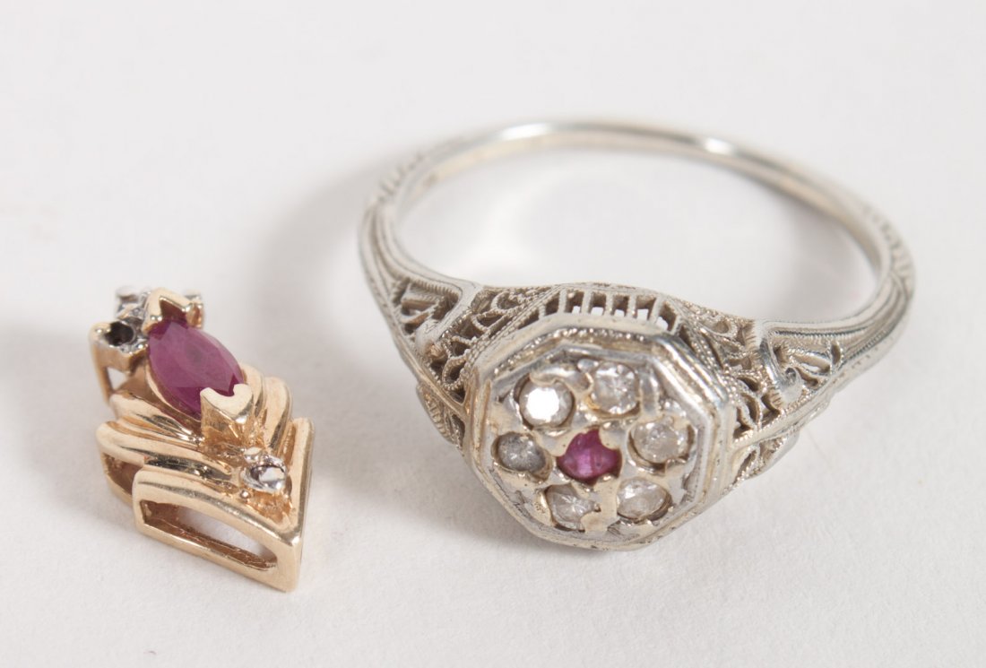 18K white gold diamond & ruby filigree ring: size 8 1/4, 3 grams; together with a small 10K gold and ruby pendant, 1/2 in. L., 1 gram