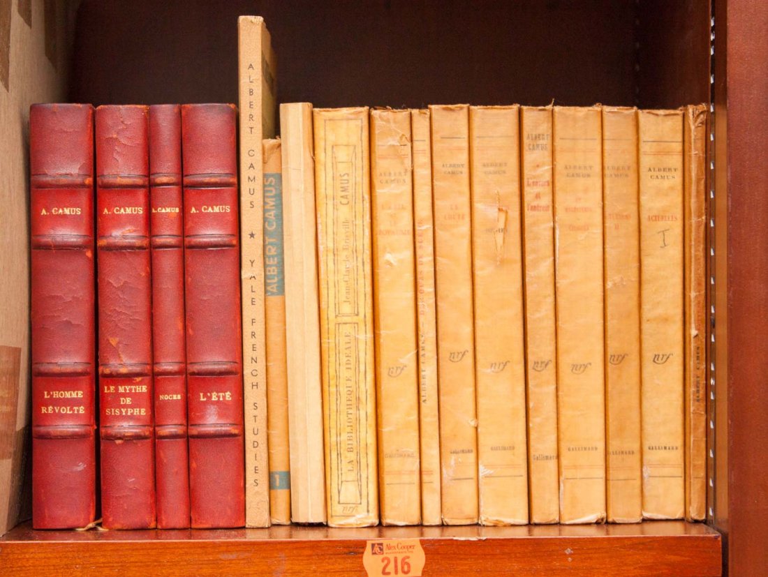 [French literature] 15 works of Camus: 15 works of and about Camus, most are first trade edition. Notably: Four leather bound collection, published by Gallimard: L'Homme Revolte, Le Mythe De Sisyphe, Noces, L'Ete