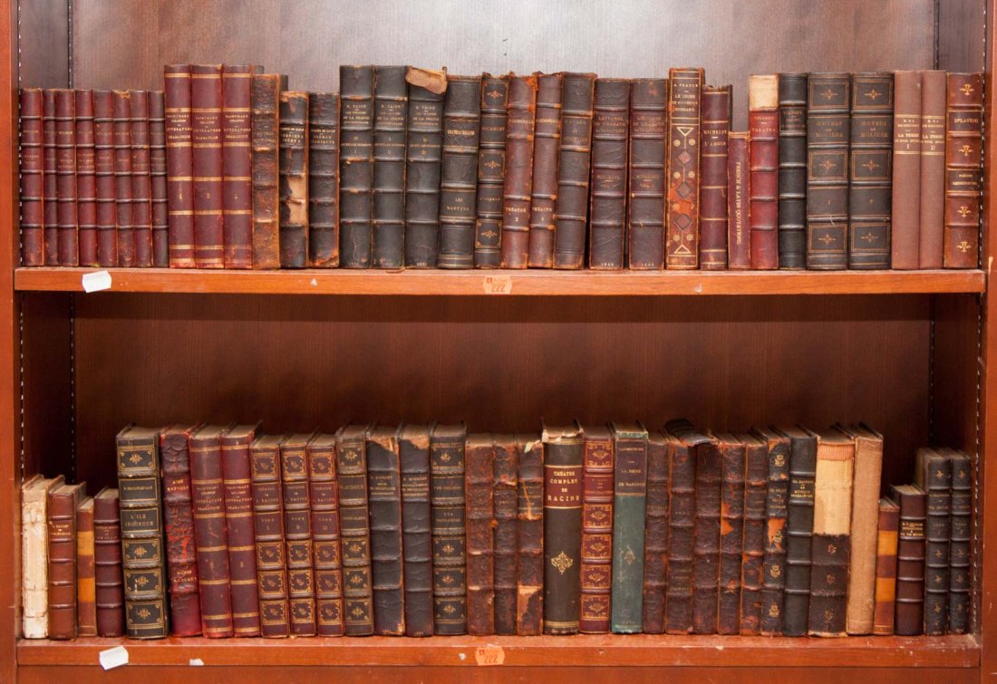 [French Lit] 60 Assorted French lit/history: 60 assorted vols of French literature and history, most in leather bindings. Notably: 8 leather bound vols by Moliere;Saint-Marc Girardin; Litterature Dramatique; H. Taine; Les Origines de La France C