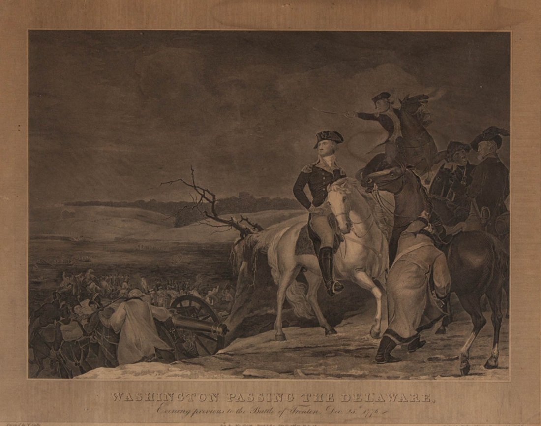 "Washington Passing the Delaware" engraving: American, early 19th century, after Thomas Sully. 16 x 19 3/4 in., framed