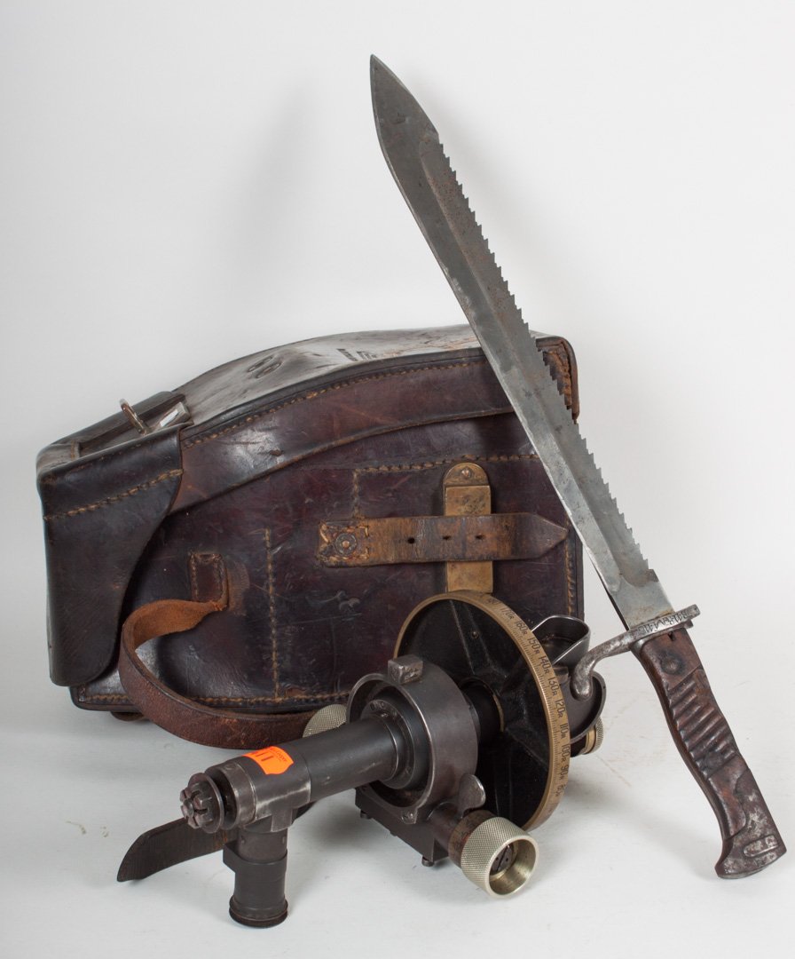 World War I German bayonet and artillery gauge: 1914-1918; Weyersburg Bampersand Kirschbaum serrated trench bayonet with impressed mark, and a R & J Beck artillery gauge No. 22561 1917, with leather case