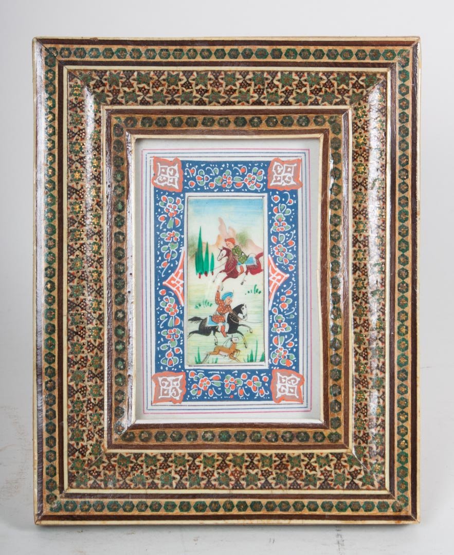 Mughal miniature gouache on ivory: in elaborate inlaid easel-back wood frame
