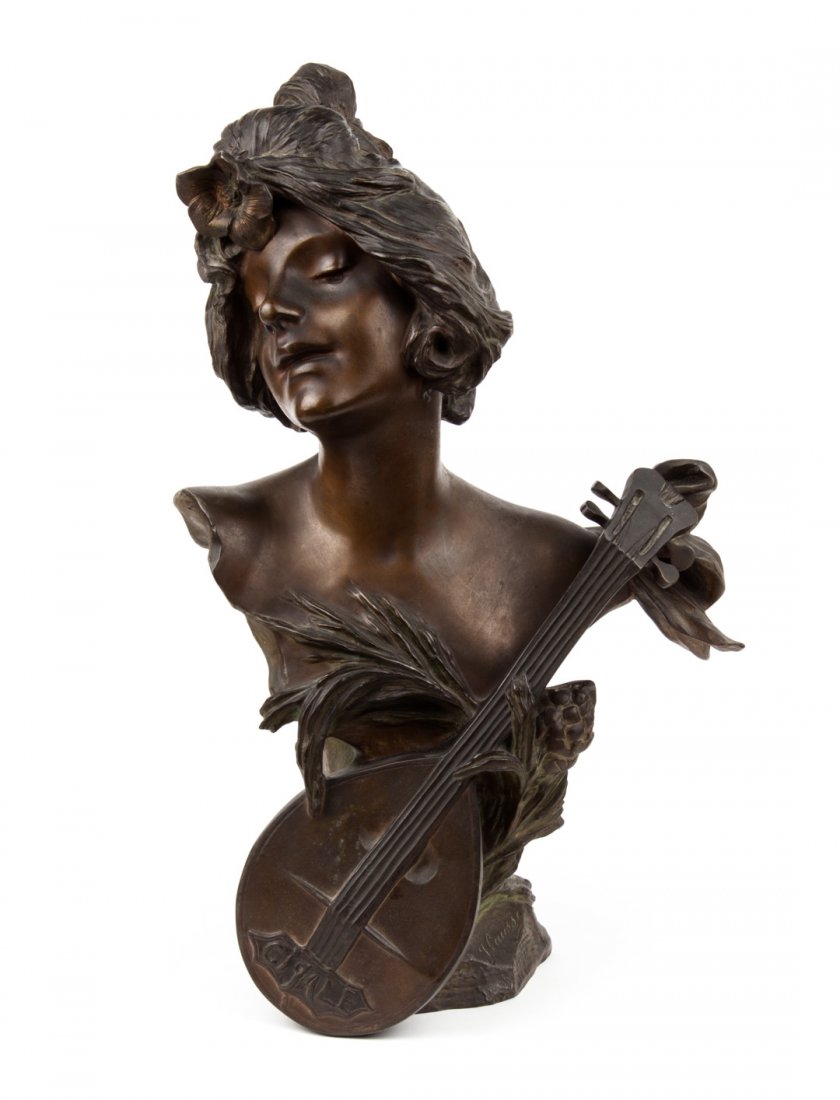 After Julien Causse. "Cigale," bronze bust: Julien Causse (French, 1869-1914). "Cigale," bronze bust of young beauty with lute, title on lute in relief letters, signed in cast "J. Causse," 22 in. H.