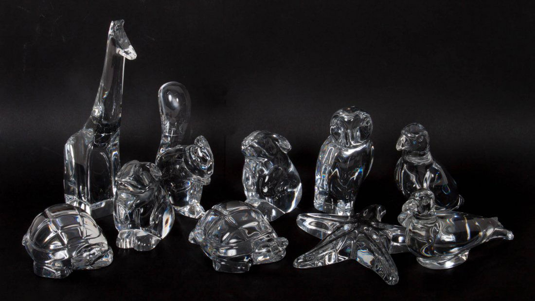 10 assorted Baccarat crystal animal figures: including: giraffe, barn owl, squirrel, parrot, dove, two rabbits, starfish, and two turtles, all with acid etch mark, 7 in. H. of tallest