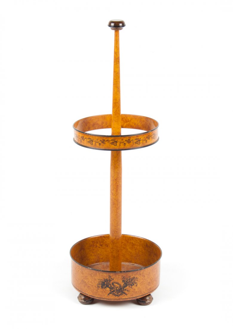 Victorian style toleware umbrella stand: circular form with three compartments, grapevine and floral stencil decoration, marked "Made in Italy," 36 in. H., 12 in. Diam. at base
