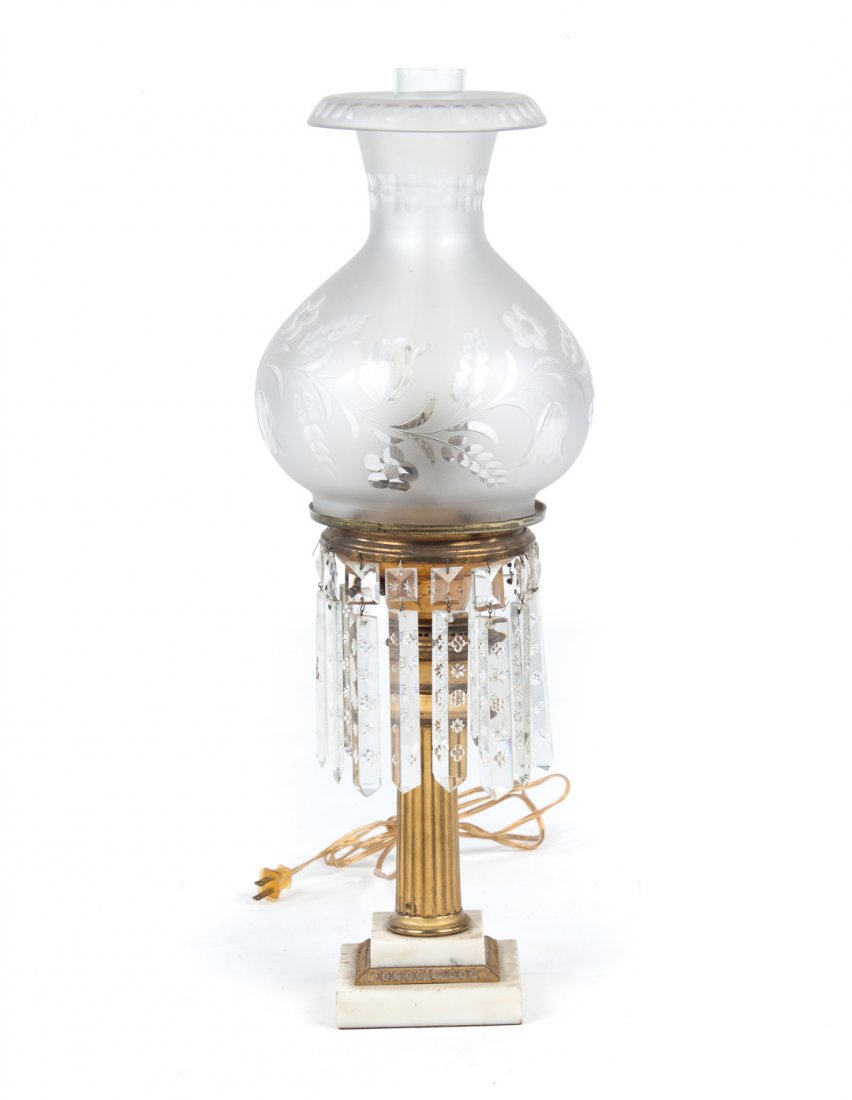 American Classical sinumbra lamp: circa 1845; brass and marble columnar base, acid etched partially frosted glass shade, with drop prisms, now electrified, 25 in. H.