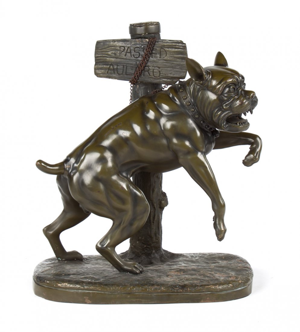 After Godet. Guard Dog, patinated bronze: modeled as ferocious dog tethered to sign, green patina, signed in cast "Godet," 32 in. H.