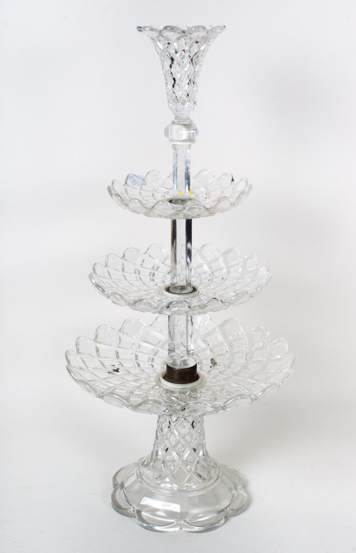 American pattern molded glass tazza: fourth quarter-19th century; possibly Ohio Glass, three-tier tazza with floral-shaped vase at top, 21 in. H.