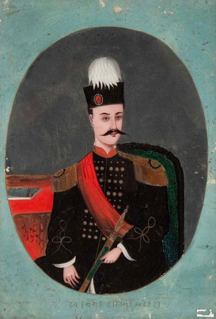 Persian School, 19th c. reverse portrait painting: portrait of "Nasir Ud-Din," Shah of Iran 1848-96, reverse painted on glass, titled in Farsi script, framed, frame - 21 1/2 x 15 1/4 in.