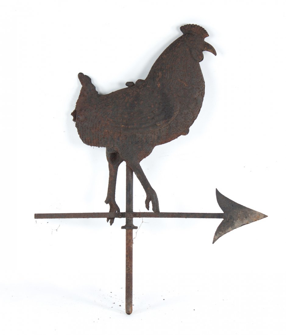 American cast iron rooster weather vane: late 19 th century; modeled as rooster standing on directional pointer, approx. 42 in. H.
