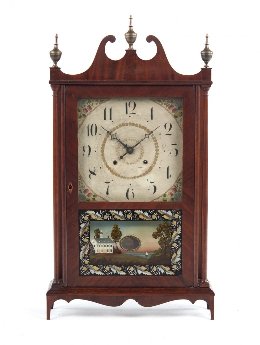 Eli Terry pillar and scroll clock: circa 1825; with eglomise panel door, fragmentary label