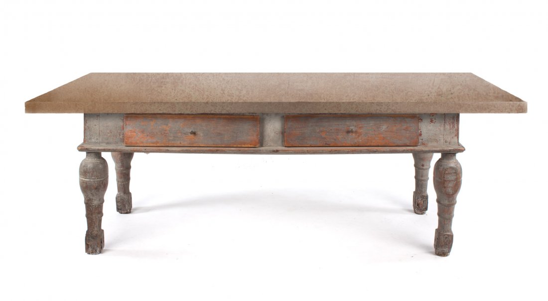 French marble top farm table: 19th century; marble top, two drawers in 8 in. case, four round turned legs, grey painted ground, 32 in. H., 75 in. L., 29 in. D.