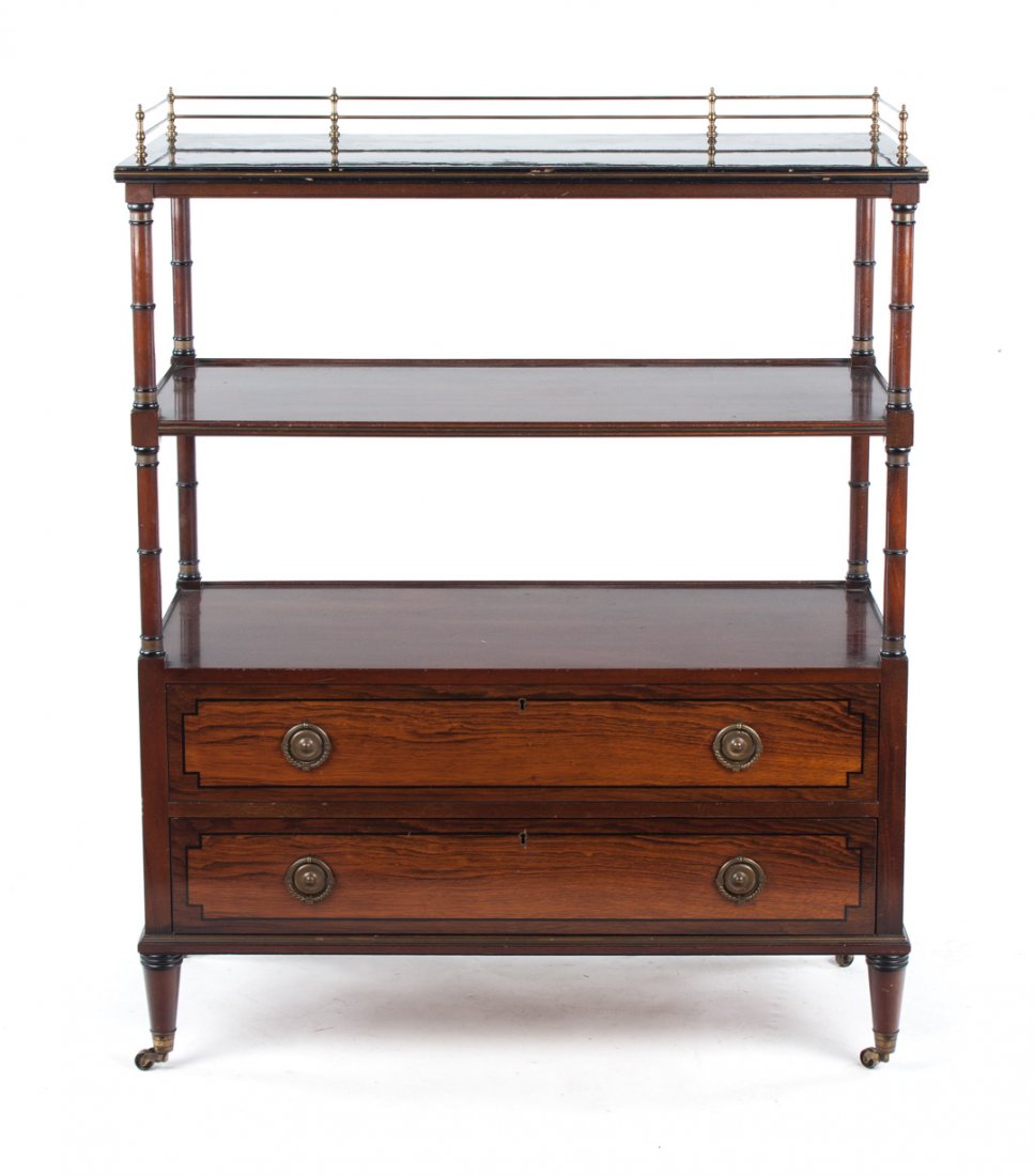 Kittinger mahogany two-tier dumbwaiter: 20th century; raised brass gallery, ebonized top with molded edge, open shelf connected by round turned supports, two long drawers in base, ebony stringer inlay, 48 in. H., 38 in. W., 18 in. D.