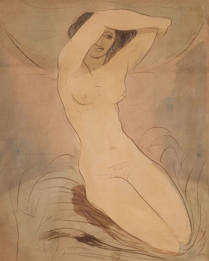 Auguste Rodin, "Kneeling Nude", watercolor: Attributed to Auguste Rodin (French, 1840-1917). "Kneeling Nude," watercolor, gouache, and ink on paper, signed "A Rodin" lr, 21 1/2 x 17 1/4 in., framed.