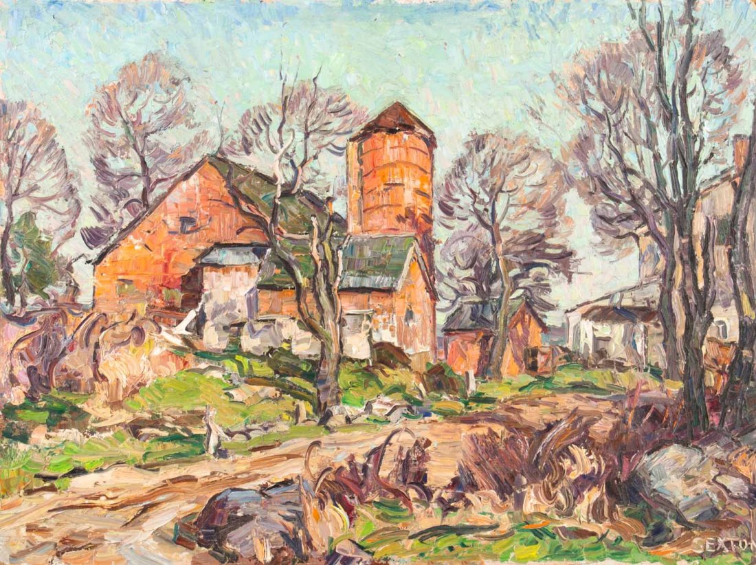 Frederick L. Sexton. Impressionistic Farm, oil: Frederick Lester Sexton (American, 1889-1975). Oil on board, signed "Sexton" lr, 12 x 16 in., unframed